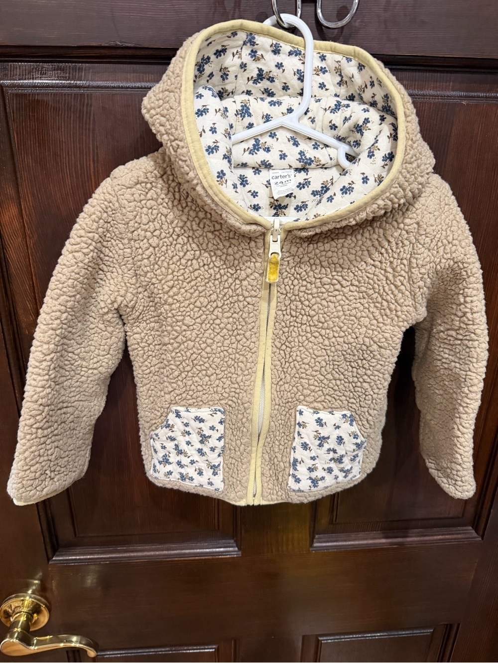 Carter's Cream Sherpa Hoodie with Floral-Lined Hood & Pockets